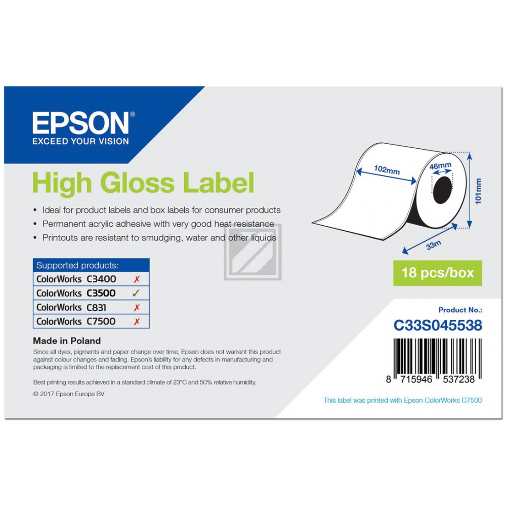 EPSON High Gloss Label - Continuous Roll 102 mm x 33 m